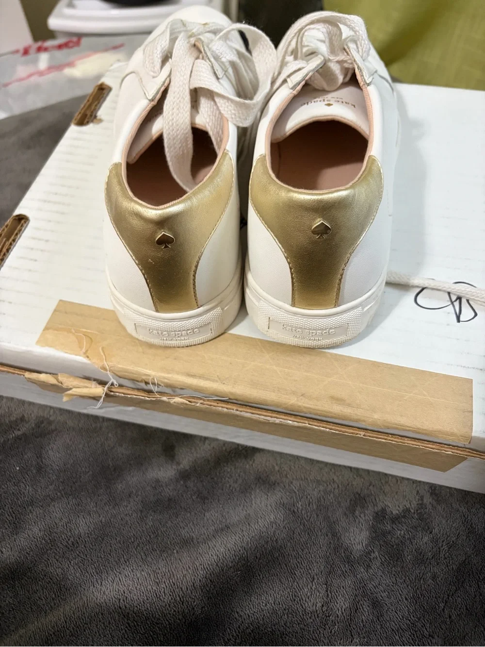 kate spade White Leather Sneakers with Gold Heel Tab